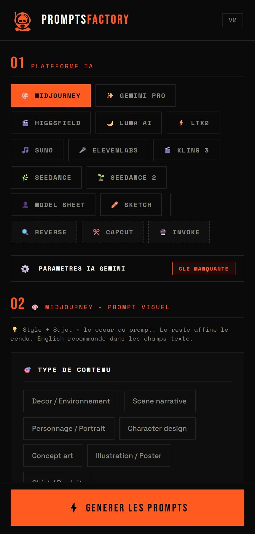 Choix de la plateforme et du style dans PromptsFactory