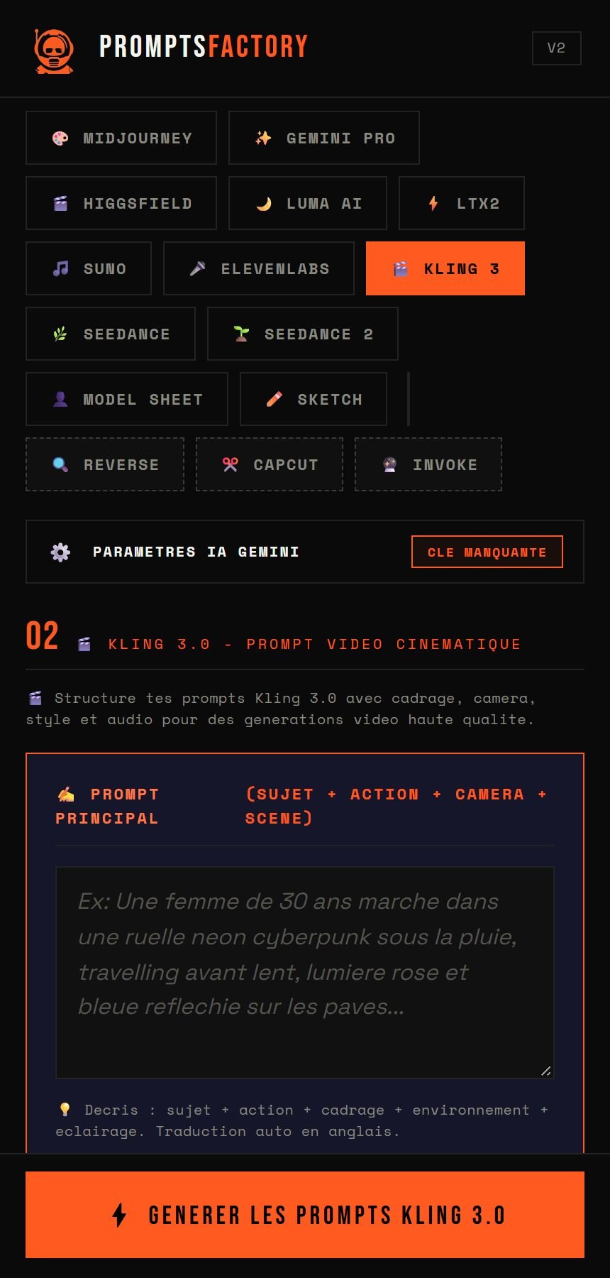 Formulaire Kling 3 pour la vidéo