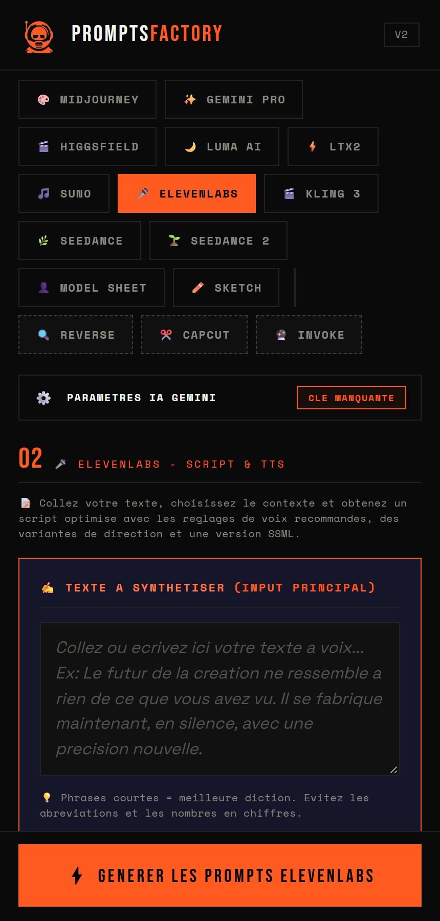 Formulaire ElevenLabs pour la voix